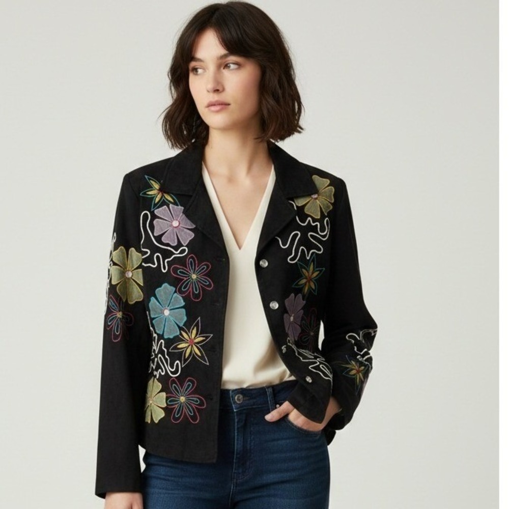 Vintage Indigo Moon Floral Embroidered Rhinestone Jacket Black Cotton Blend M